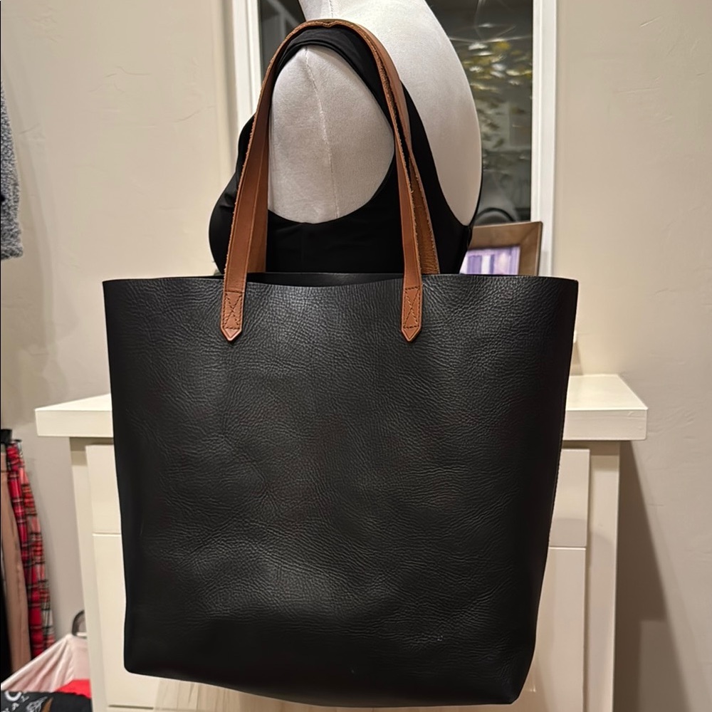 Black Leather Tote Bag with Brown Handles